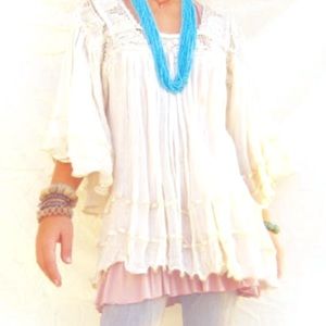 Bohemian NWOTS- Tunic/ mini dress light rayon & satin ribbon white cool to wear
